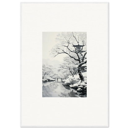 Black and white snow-covered landscape with trees near a stream in Chilled Lunar Embrace