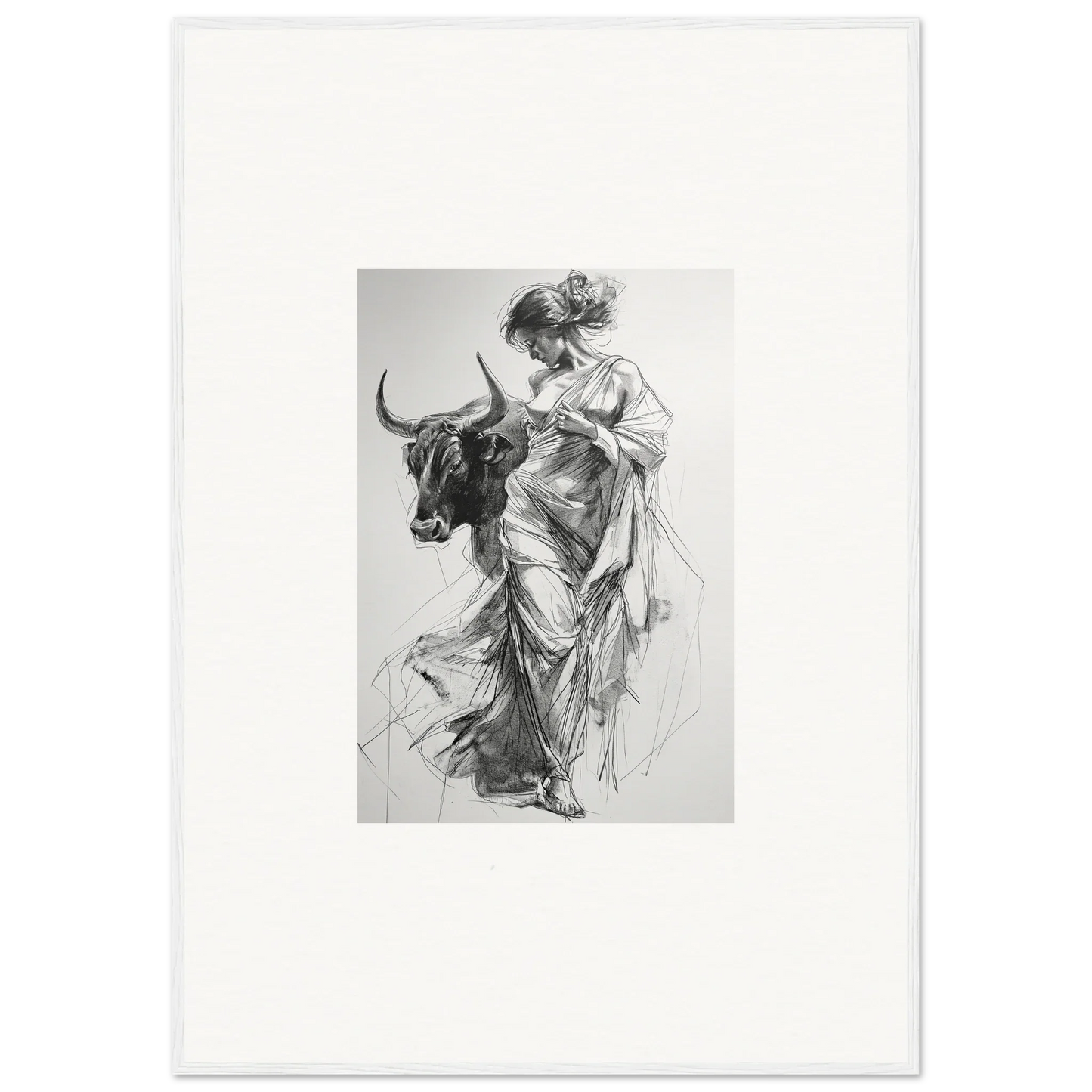 Black and white sketch of a figure in robes with a bull for Splashing Gaze Melds framed art