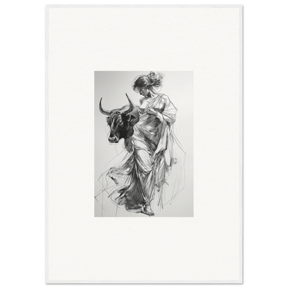 Black and white sketch of a figure in robes with a bull for Splashing Gaze Melds framed art