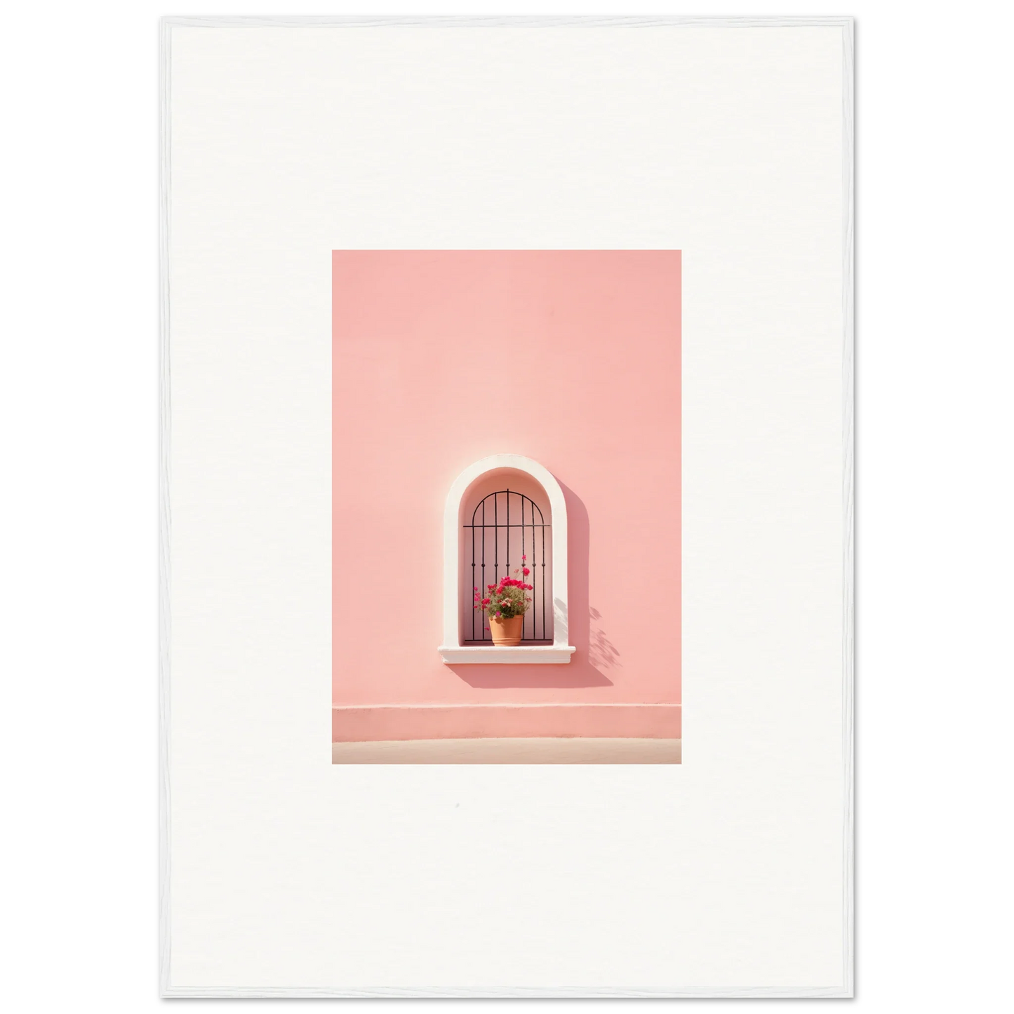 Arched window with decorative bars and plant on pink wall in Sunset Silhouette Romance art