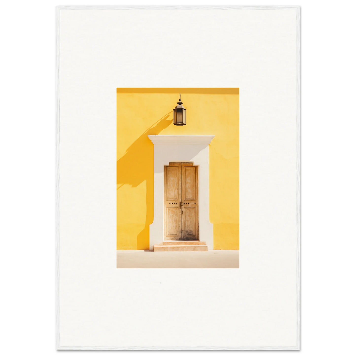 Wooden door with white trim on a yellow wall in the Golden Hue Portal artwork