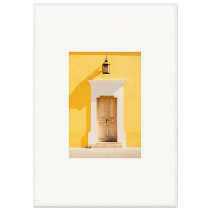 Wooden door with white trim on a yellow wall in the Golden Hue Portal artwork