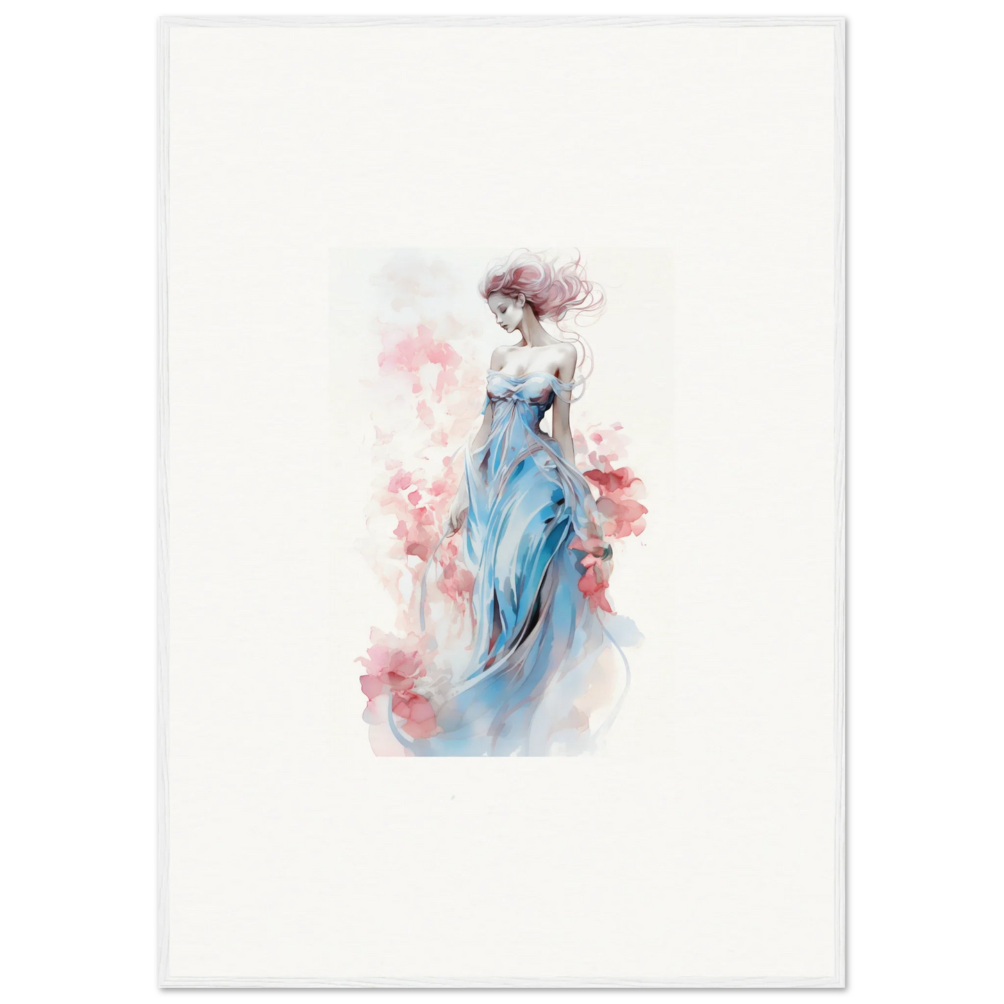 Watercolor canvas print of an elegant woman in a blue dress for room decoration