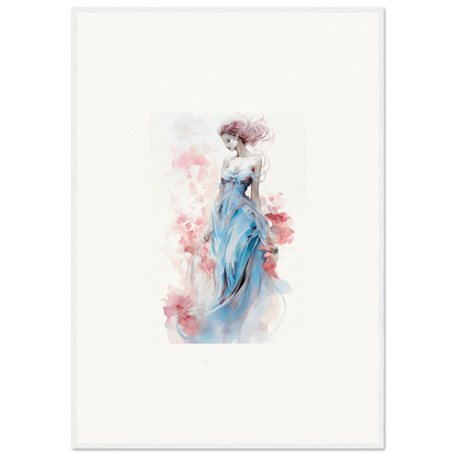 Watercolor canvas print of an elegant woman in a blue dress for room decoration