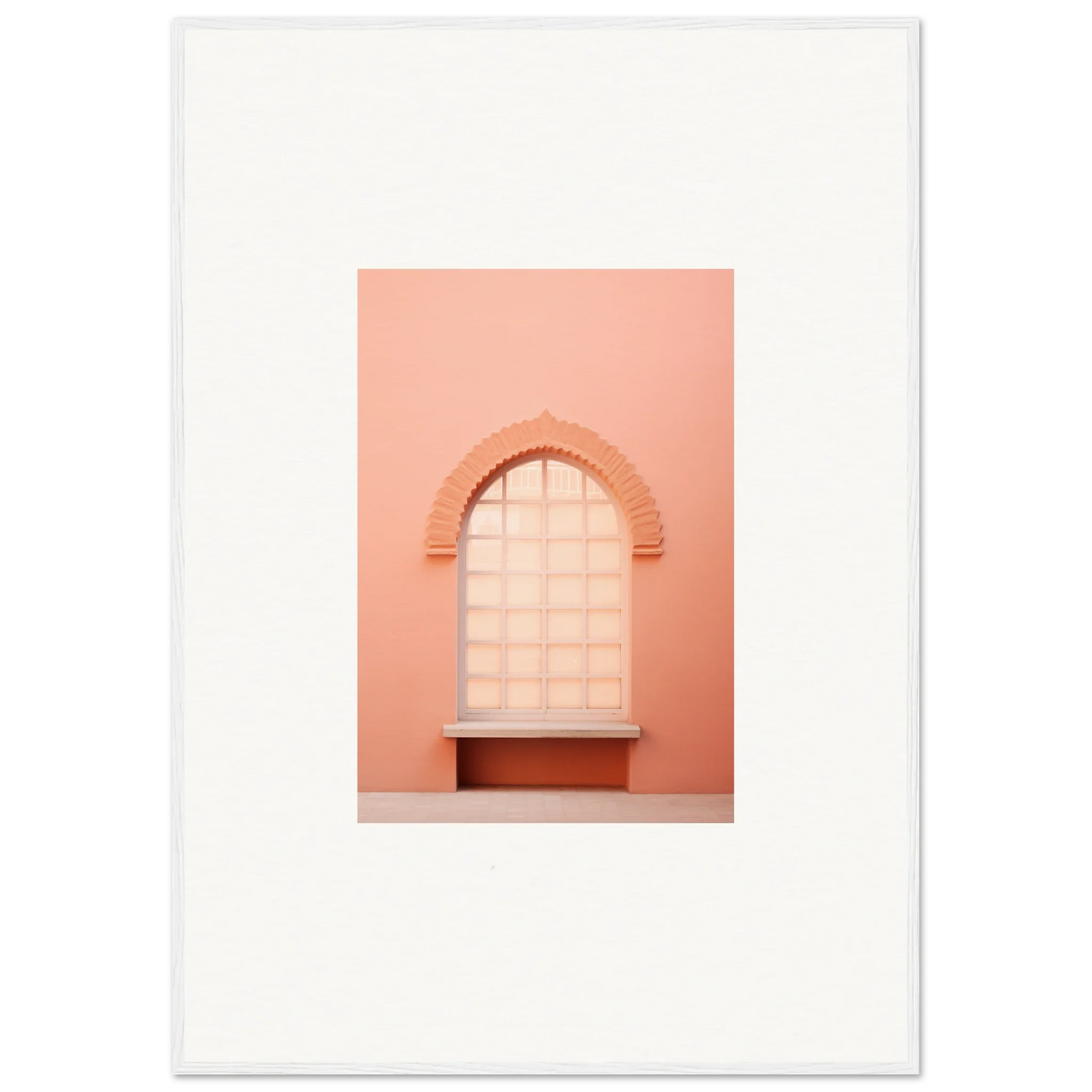 Arched window with bench in soft coral tones from Windows Morning Whisper framed wall art