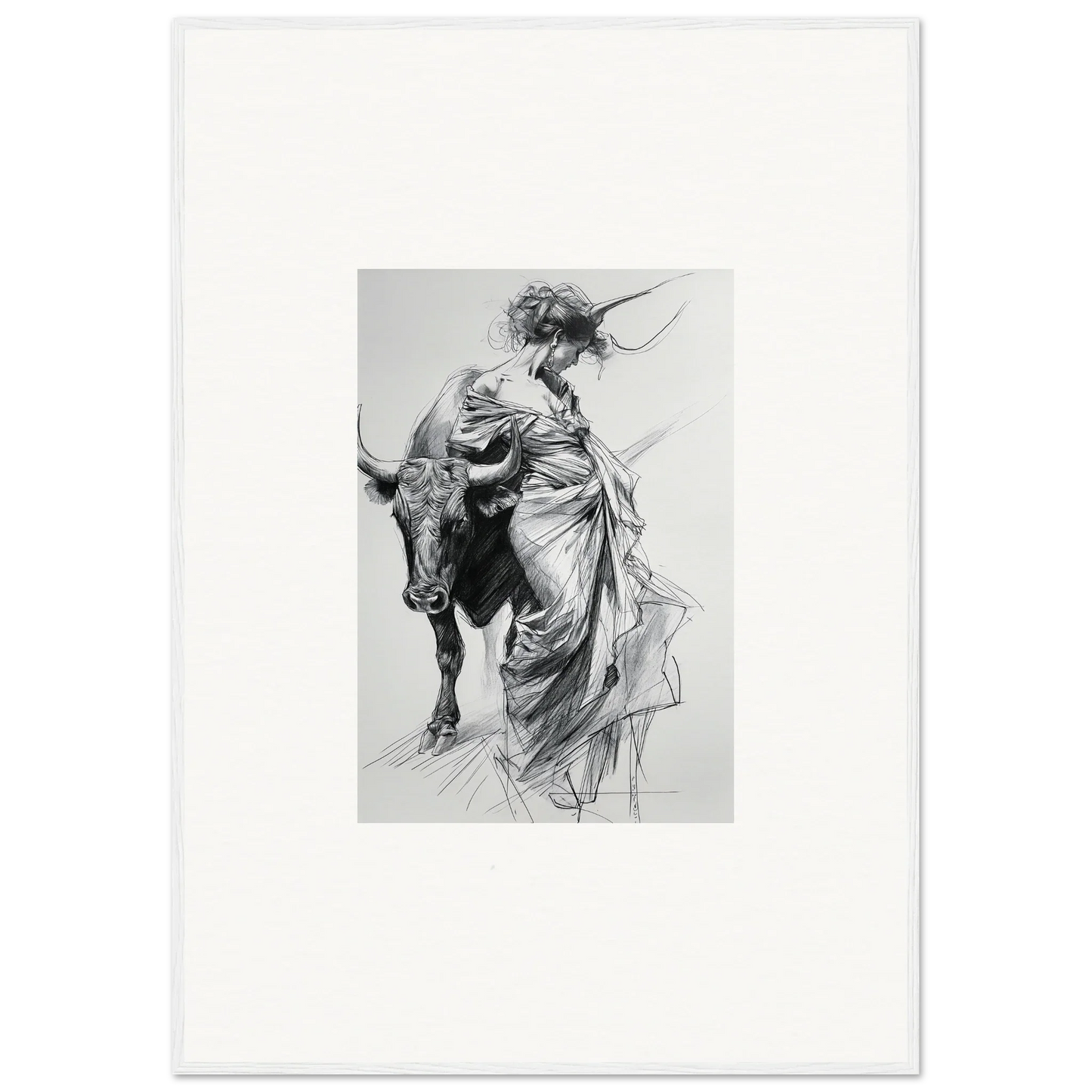 Black and white sketch of a figure in robes next to a bull from Minotaur’s Melodic Siesta