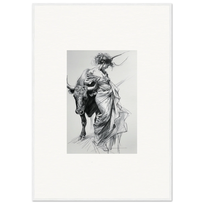 Black and white sketch of a figure in robes next to a bull from Minotaur’s Melodic Siesta