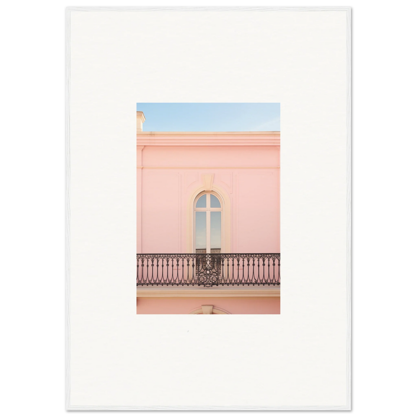 Arched window with ornate balcony on pink wall in Peach Tranquil Portal framed wall art