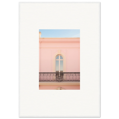 Arched window with ornate balcony on pink wall in Peach Tranquil Portal framed wall art