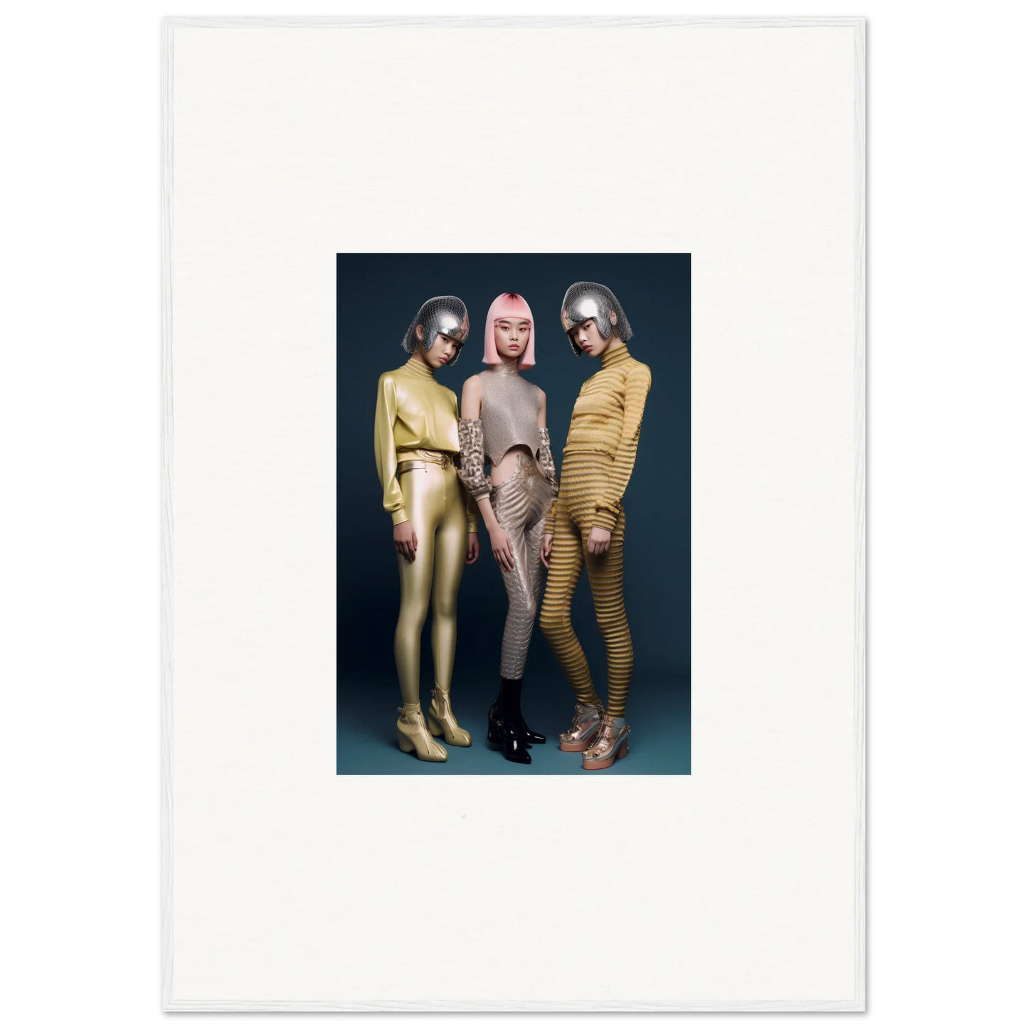 Three people in metallic yellow, silver, and gold bodysuits showcasing Galactic Fashion Paradigm