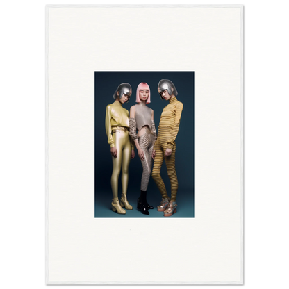 Three people in metallic yellow, silver, and gold bodysuits showcasing Galactic Fashion Paradigm