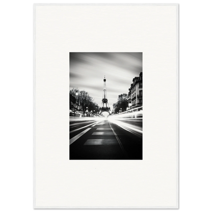 Black and white Eiffel Tower street view art for Synth Wave Elysium framed wall art