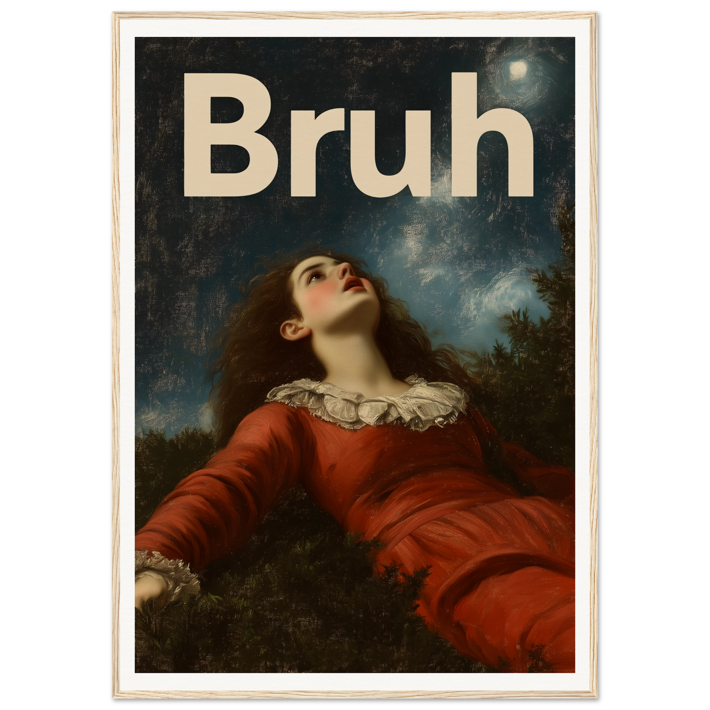 "Bruh Night Bewilderment framed wall art, blending classic elegance with humor, perfect for stylish home and cool room decor."