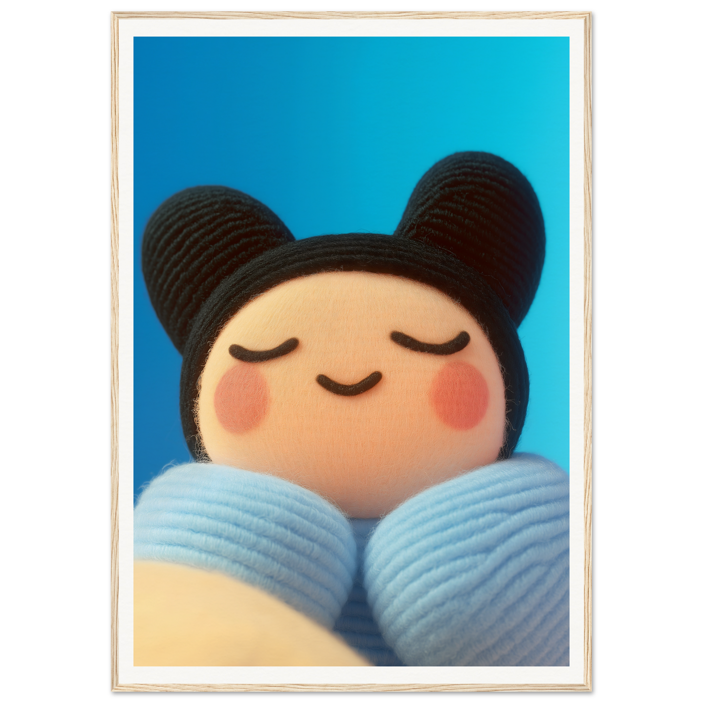 Framed wall art featuring Skybound Plush Reverie with a serene, plush figure against a vibrant blue sky; perfect for cool room decor.