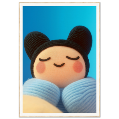 Framed wall art featuring Skybound Plush Reverie with a serene, plush figure against a vibrant blue sky; perfect for cool room decor.