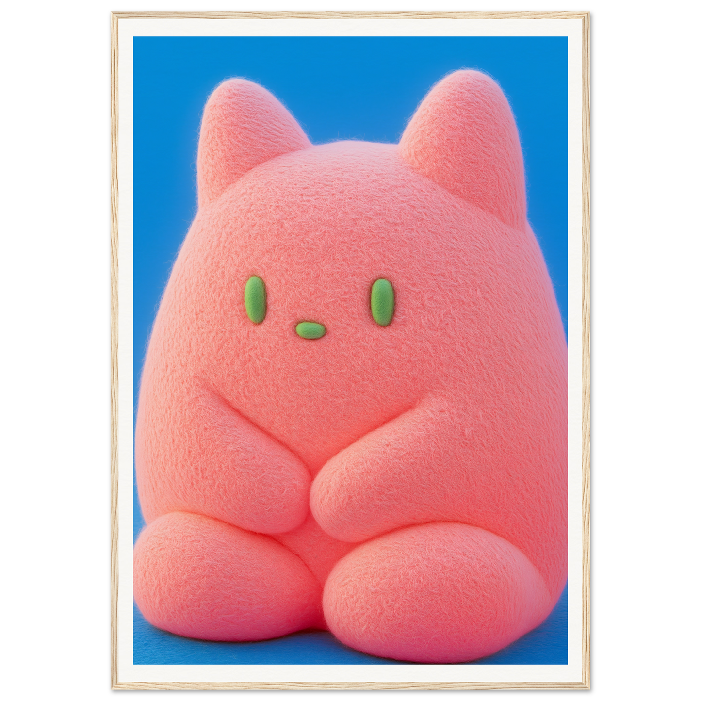 Plush Pink Cosmos wall art featuring a whimsical, round character with green eyes, perfect for cool room and home decor.