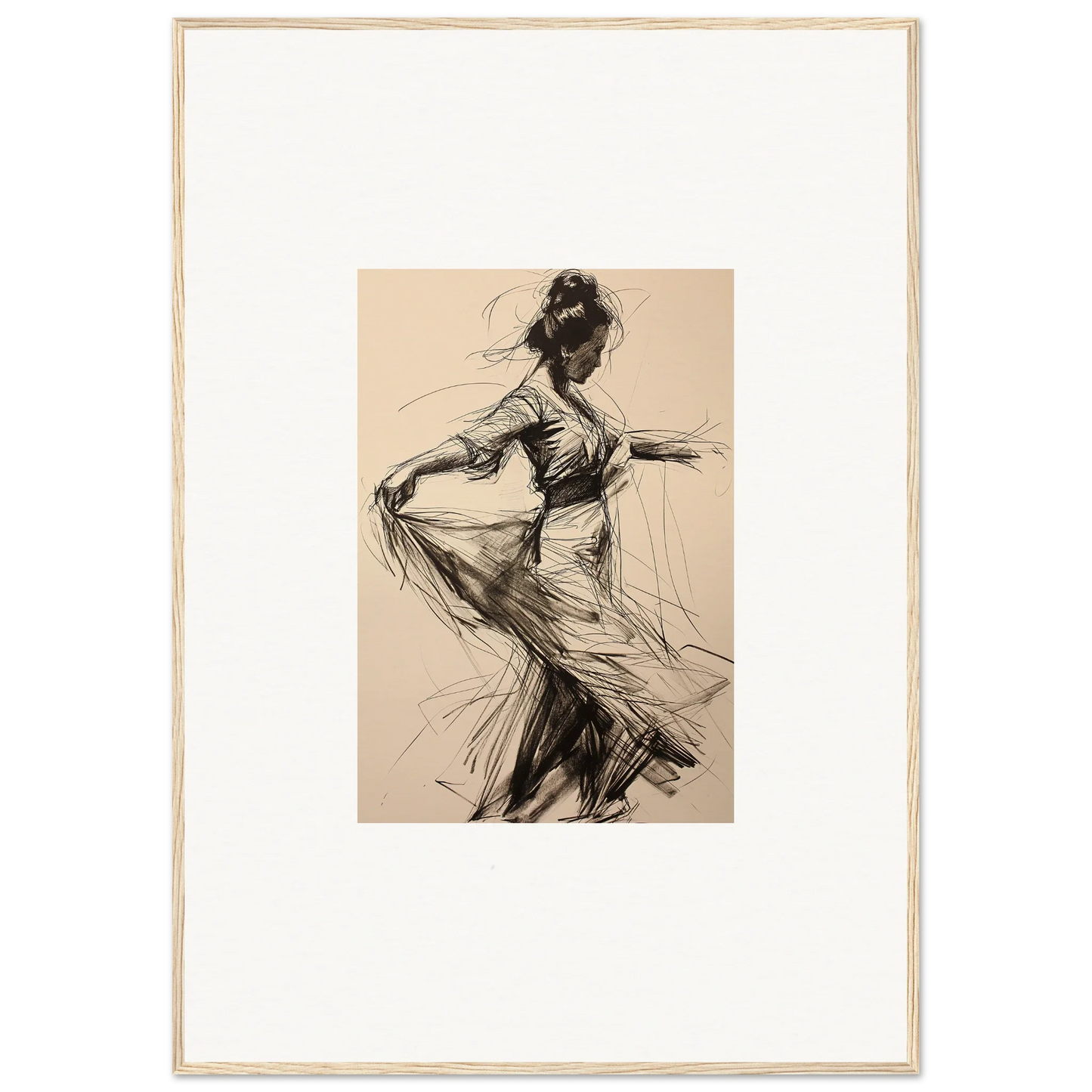 Sketch of a dancer in flowing dress for Ephemeral Motion Whispers framed wall art