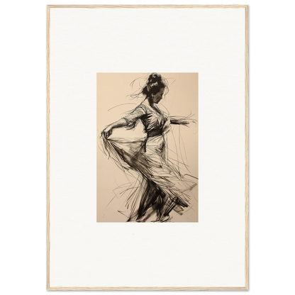 Sketch of a dancer in flowing dress for Ephemeral Motion Whispers framed wall art