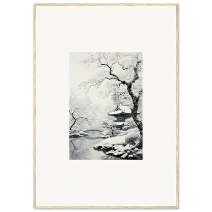 Black and white ink painting of a snow-covered pagoda and tree in Winter Embrace Whisper