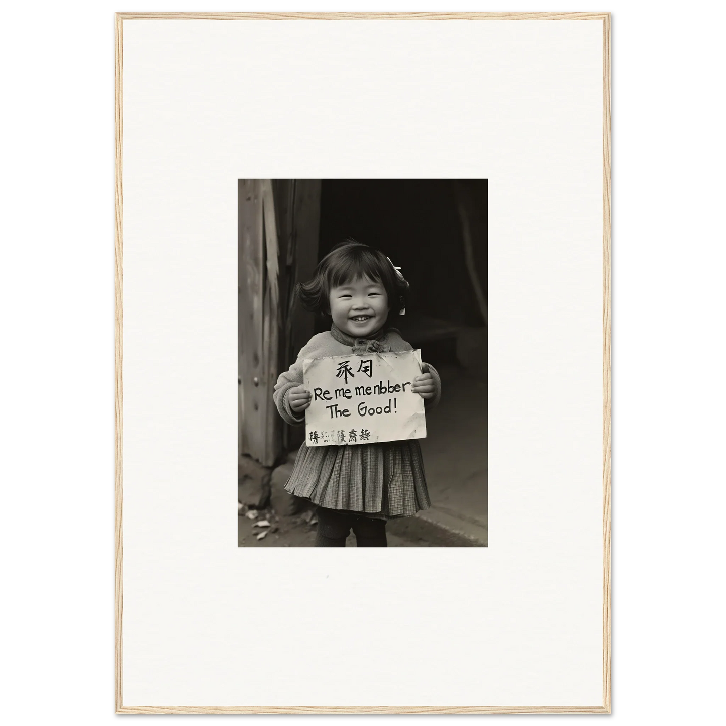 Smiling child holding a sign in a black and white photo for Ephemeral Joy Imbibed art