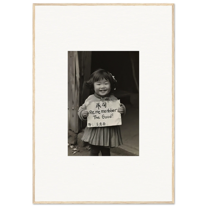 Smiling child holding a sign in a black and white photo for Ephemeral Joy Imbibed art