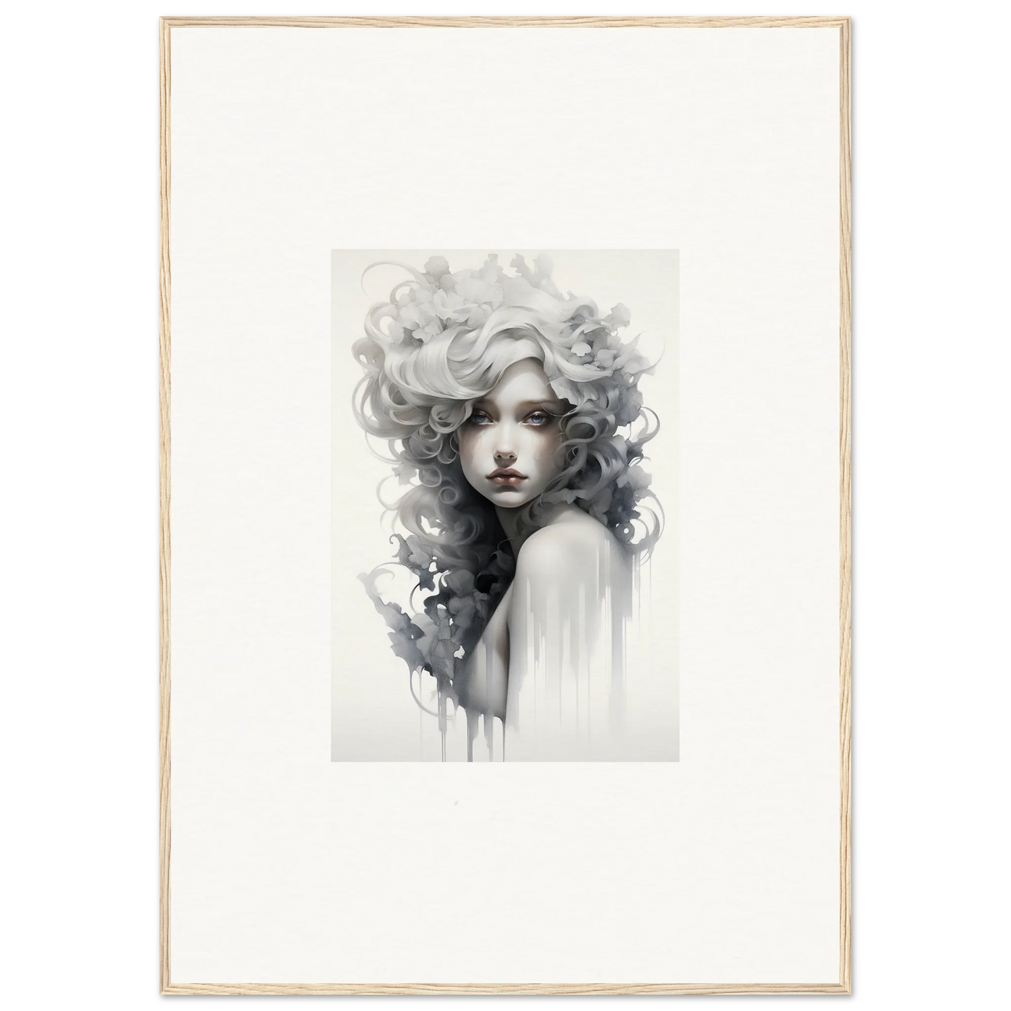 Black and white watercolor portrait of flowing hair, Visions Veil Morphling framed art