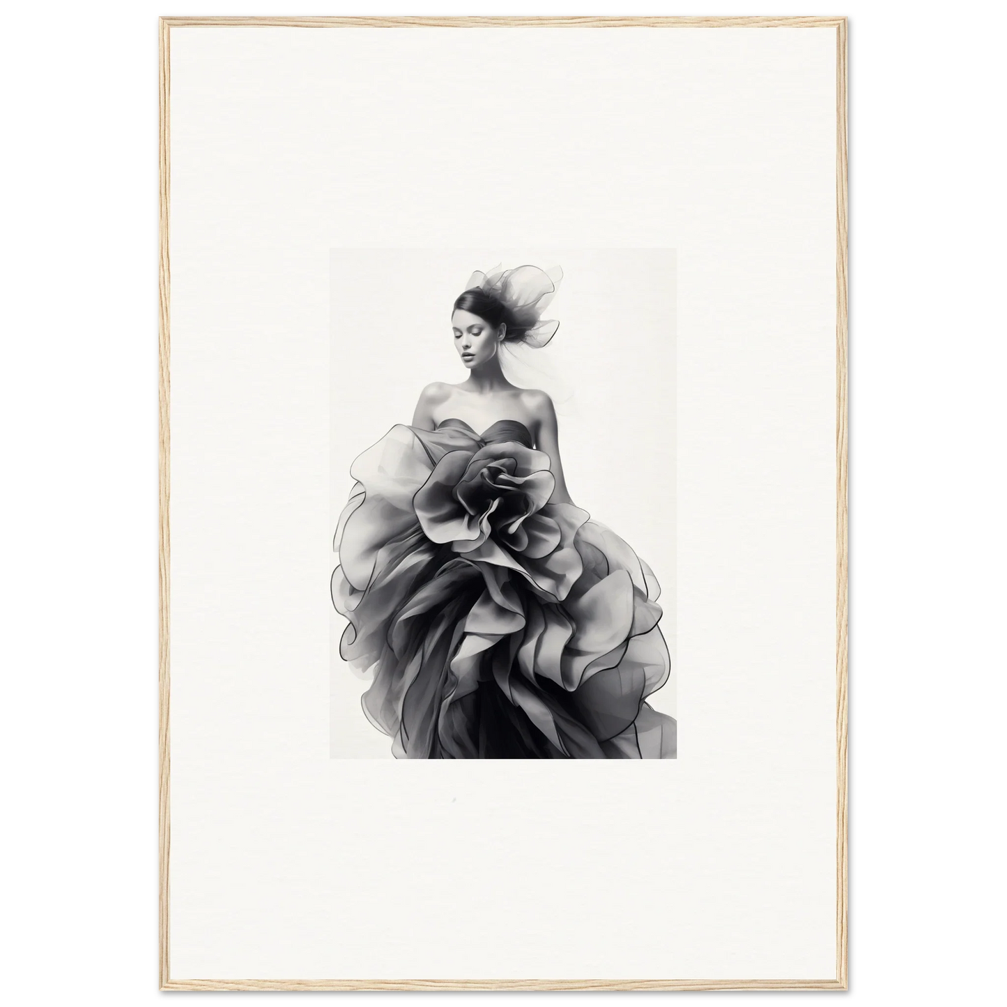 Black and white fashion illustration of a strapless gown for Ephemeral Orchard Whispers