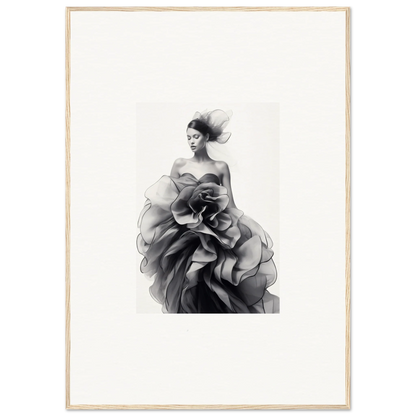 Black and white fashion illustration of a strapless gown for Ephemeral Orchard Whispers