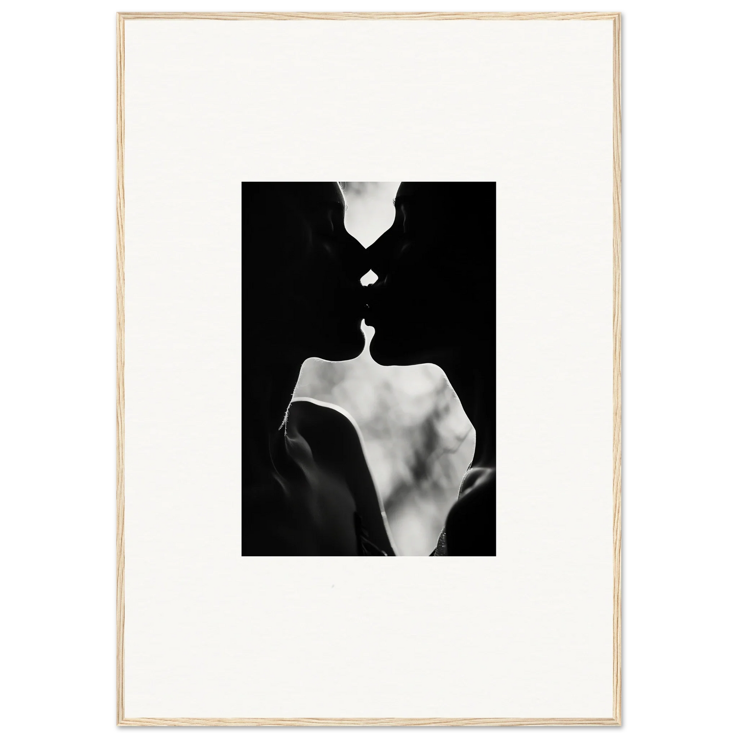 Artistic black and white silhouettes about to kiss in Shadowy Dawn Nuance framed wall art