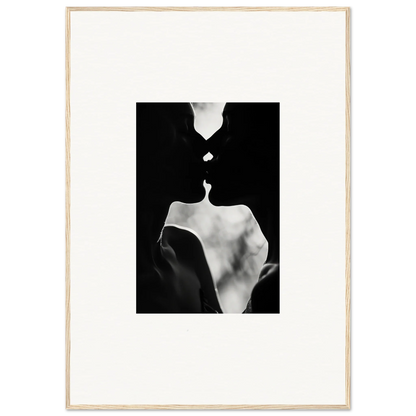 Artistic black and white silhouettes about to kiss in Shadowy Dawn Nuance framed wall art