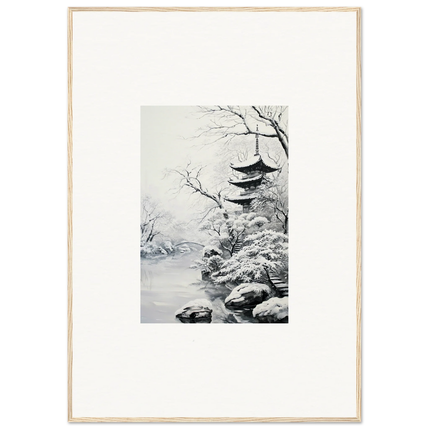 Japanese pagoda in winter snow, framed wall art from Twilight Rebirth Narrative