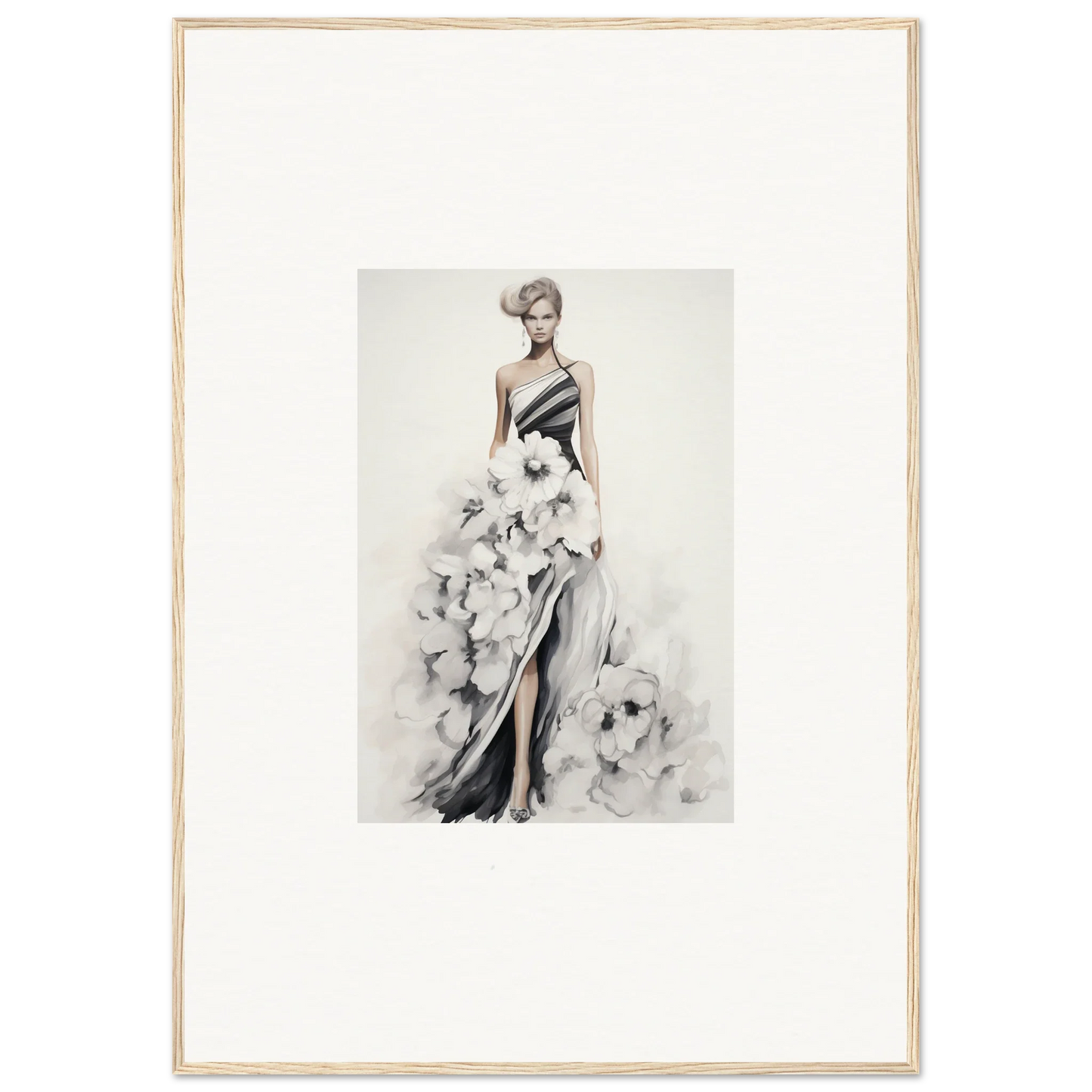 Fashion illustration of Dreamy Blossom Mirage one-shoulder evening gown in framed wall art