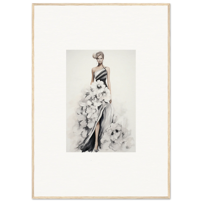 Fashion illustration of Dreamy Blossom Mirage one-shoulder evening gown in framed wall art