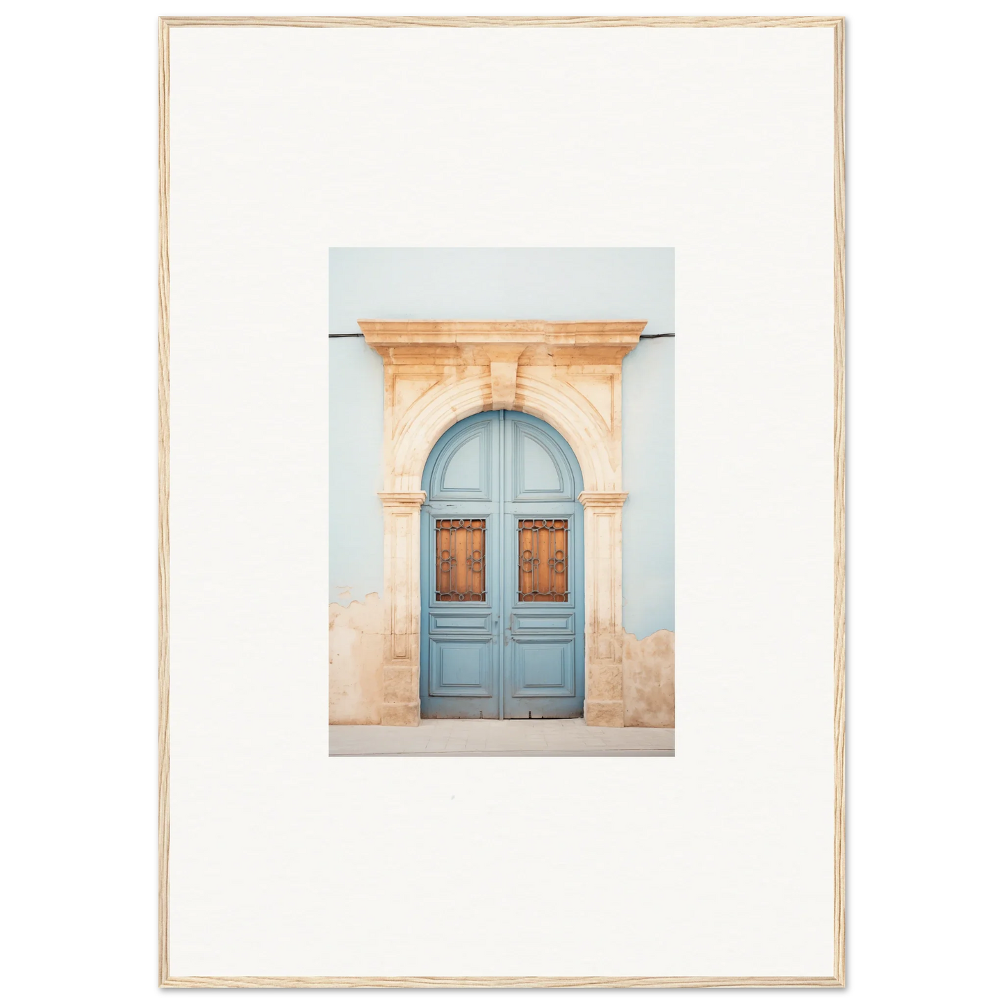 Light blue wooden door in arched stone frame for special edition art™ Threshold of Echoes