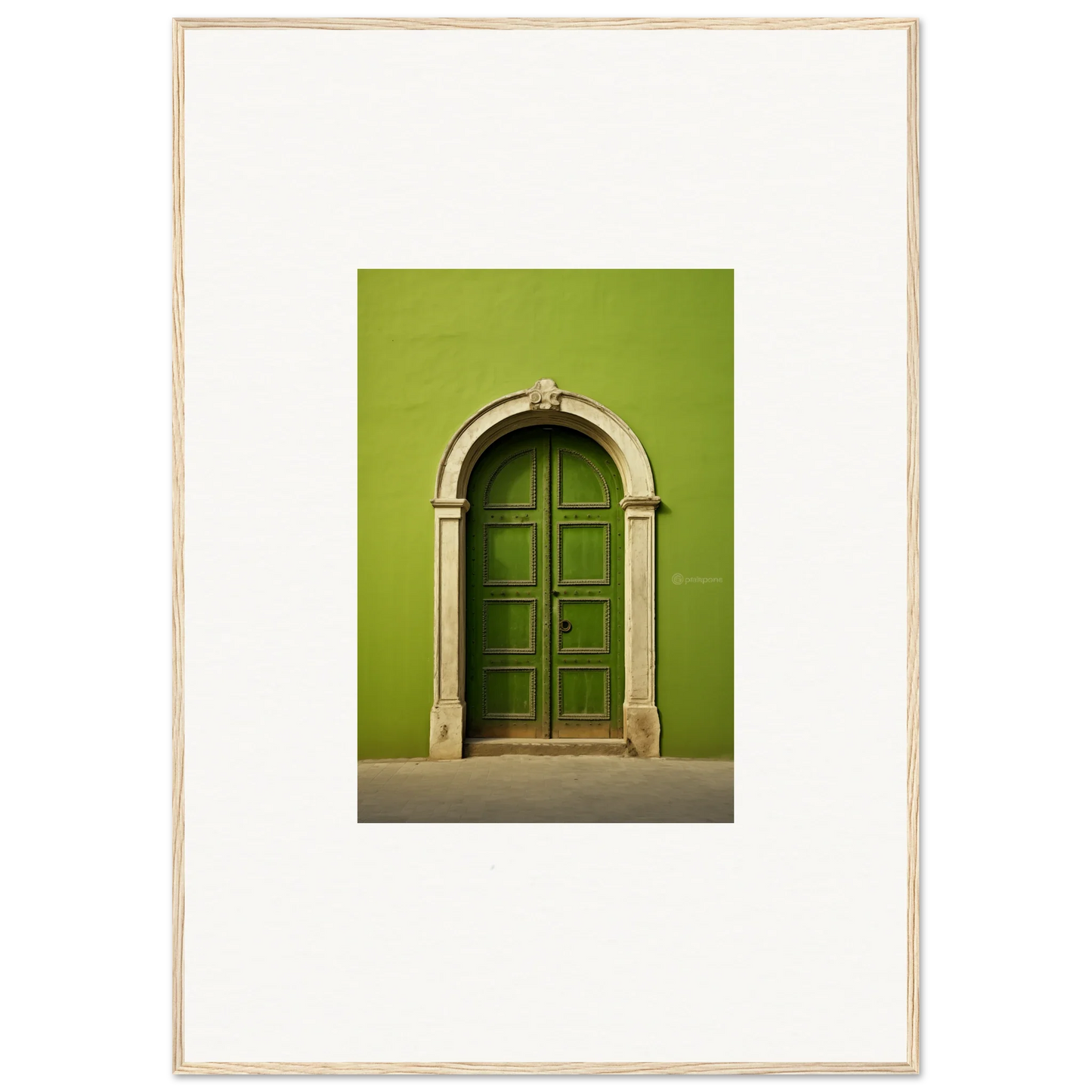 Arched green wooden door with stone trim from the Vert Barcode Reverie special edition art™