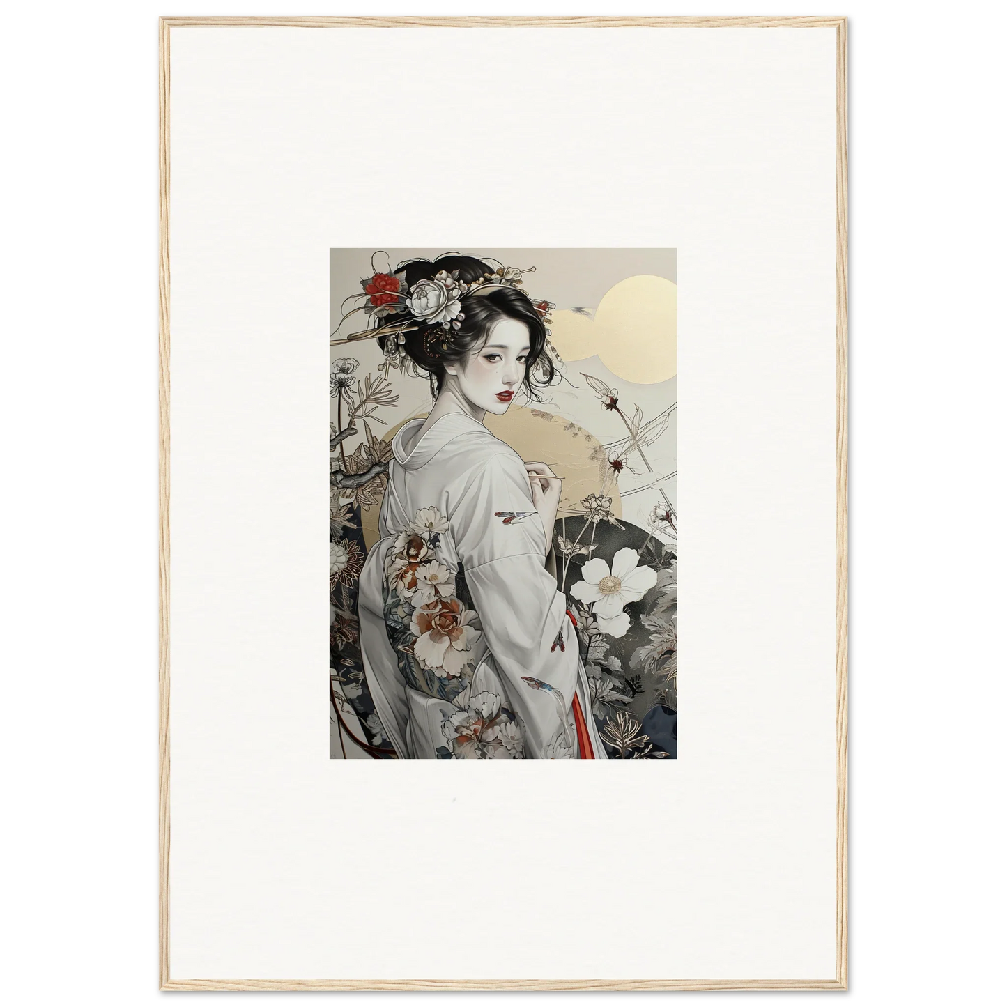 Framed Japanese artwork of a geisha in a kimono for Daydream Blossom Wistitudes