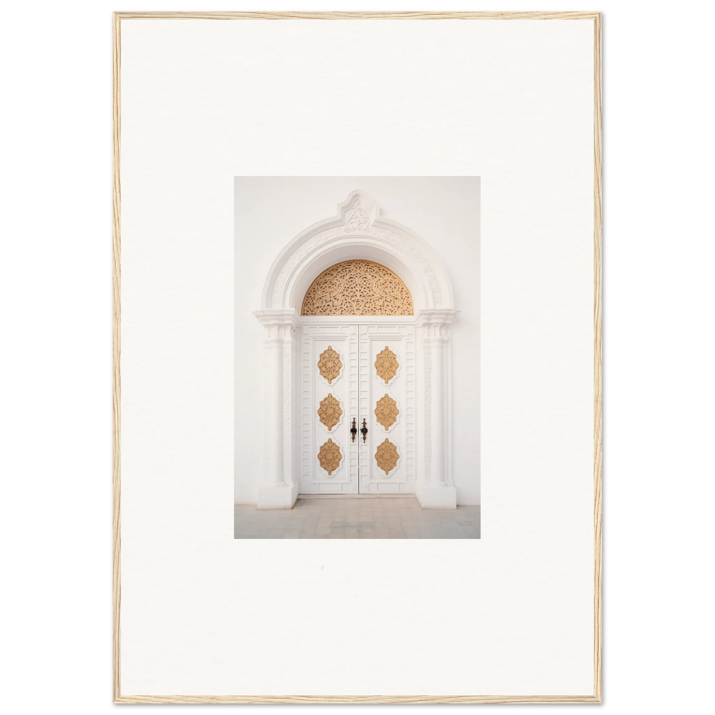 Elegant white double doors with gold medallions in Gilded Mirage Passage art