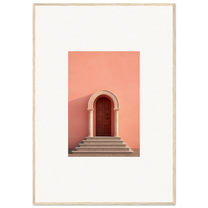 Wooden arched door with stone steps on a coral wall, showcasing the Ethereal Sunset Gateway