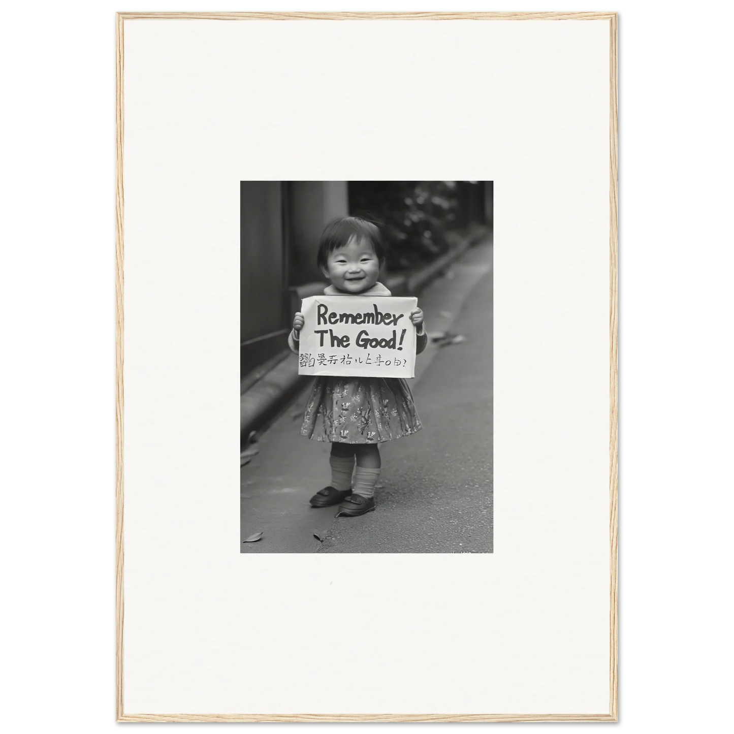 Black and white photo of a child with a Remember The Good sign for Whimsy Echo Memory framed art