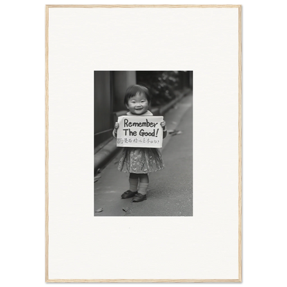 Black and white photo of a child with a Remember The Good sign for Whimsy Echo Memory framed art