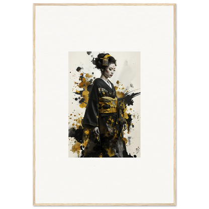 Artistic portrait of a Geisha in kimono with striking paint splatters, Eclipsed Ukiyo Symphony