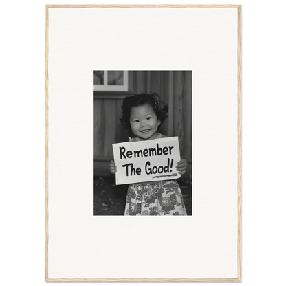 Child holding a Remember The Good sign in Essence Savor Whispers framed wall art