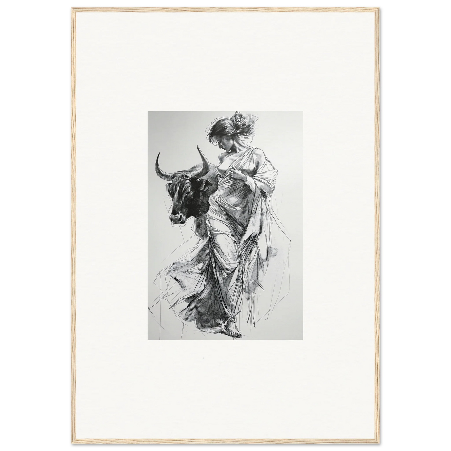 Black and white sketch of a woman in flowing robes with a bull for premium framed wall art