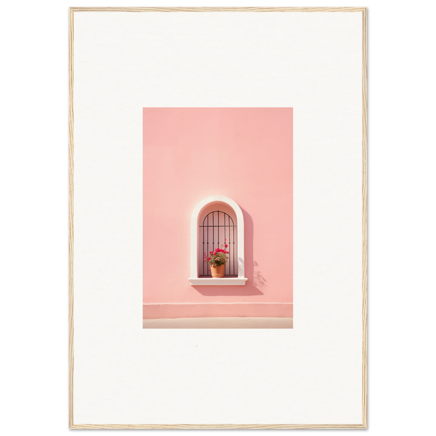 Arched window on a pink wall with metal bars and plant, perfect for Sunset Silhouette Romance