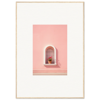 Arched window on a pink wall with metal bars and plant, perfect for Sunset Silhouette Romance