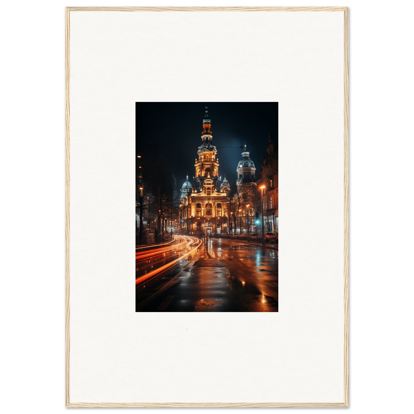 Stunning illuminated church towers in the rain, part of Midnight Highway Mirage art