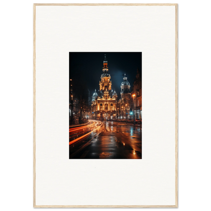 Stunning illuminated church towers in the rain, part of Midnight Highway Mirage art