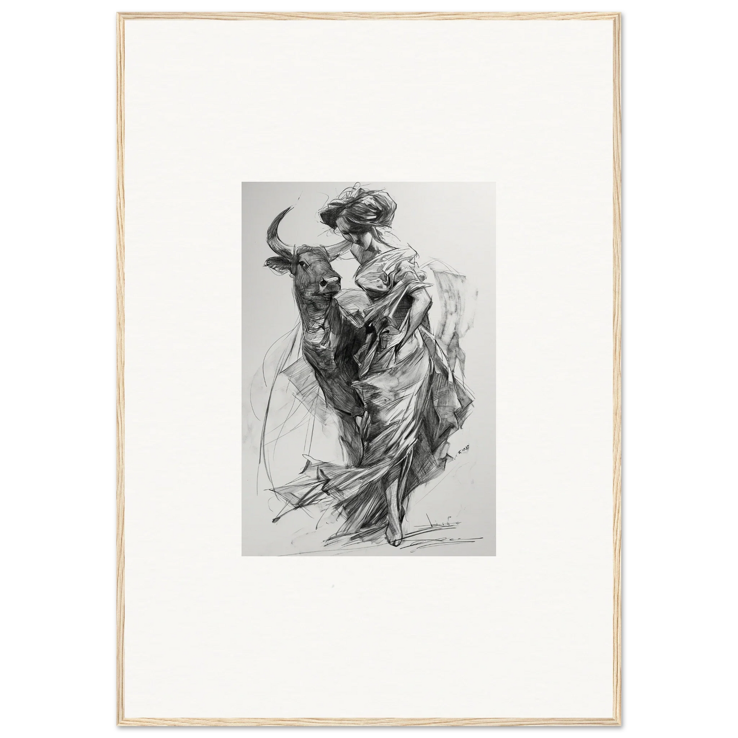 Black and white sketch of a figure in flowing robes with a bull for Ebullient Abstract Liaisons