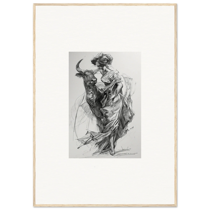 Black and white sketch of a figure in flowing robes with a bull for Ebullient Abstract Liaisons