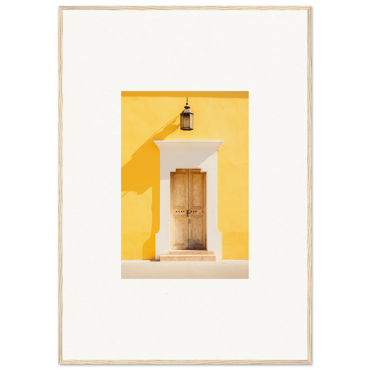 Wooden door with white trim on a yellow wall featuring the Golden Hue Portal art piece